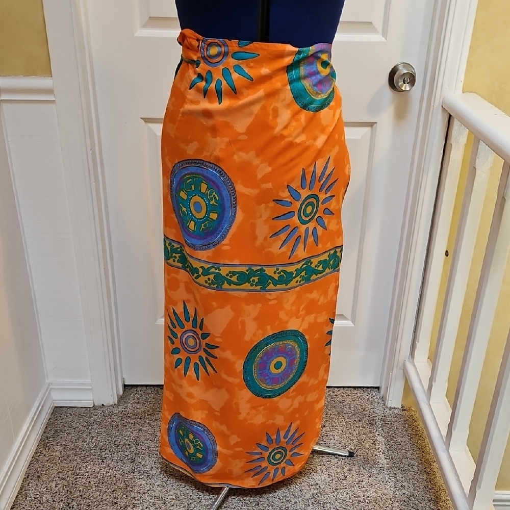 Vintage Vibrant Orange Tropical Coverup, Sarong with Colorful Sunburst Patterns